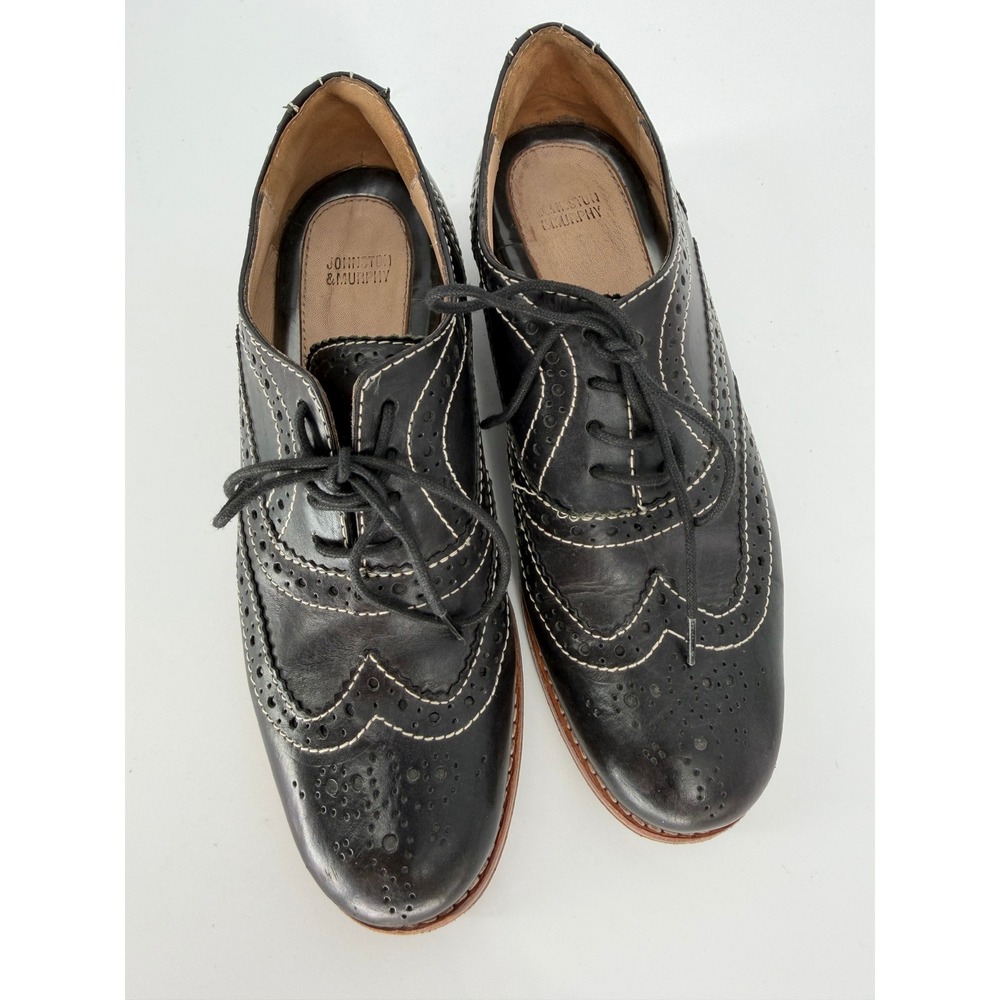 Johnston & Murphy Womens Black Leather Wingtip Oxford Brogue Contrast Stitch